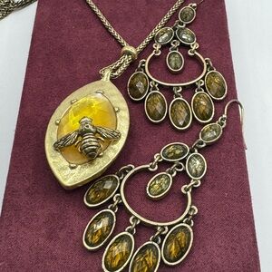 Lucky Brand Gold and Yellow Bee Pendant Necklace & a pair of Earrings